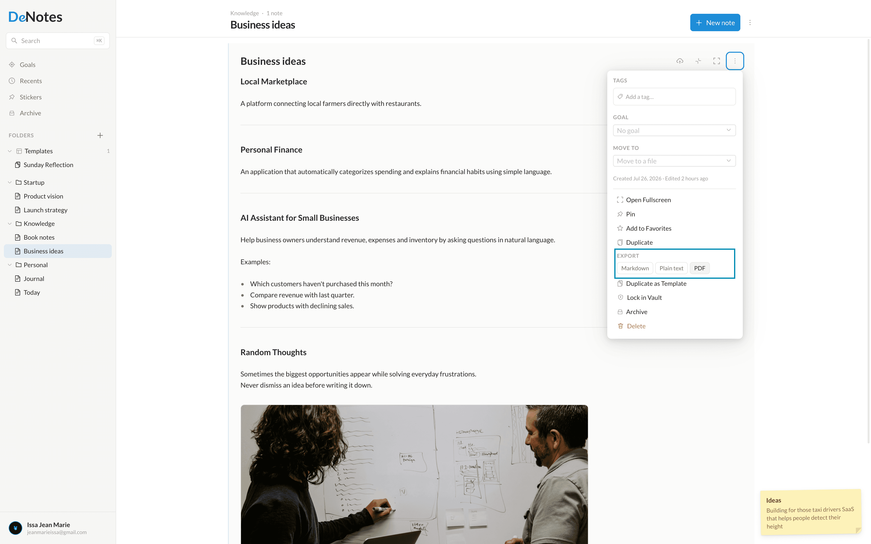 Exporting a DeNotes note to Markdown, plain text or PDF.