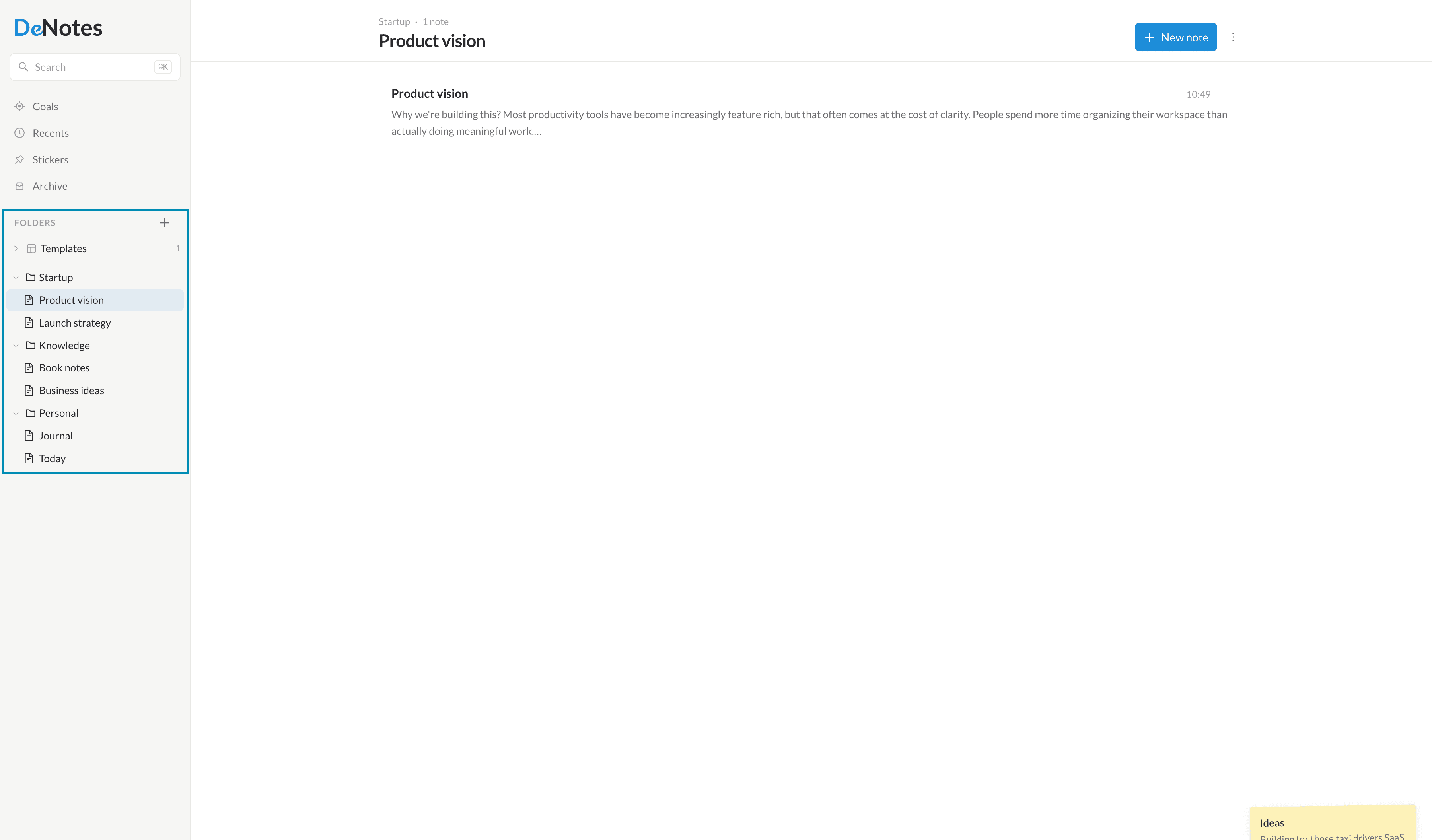 The DeNotes sidebar showing nested folders and files next to an open note.