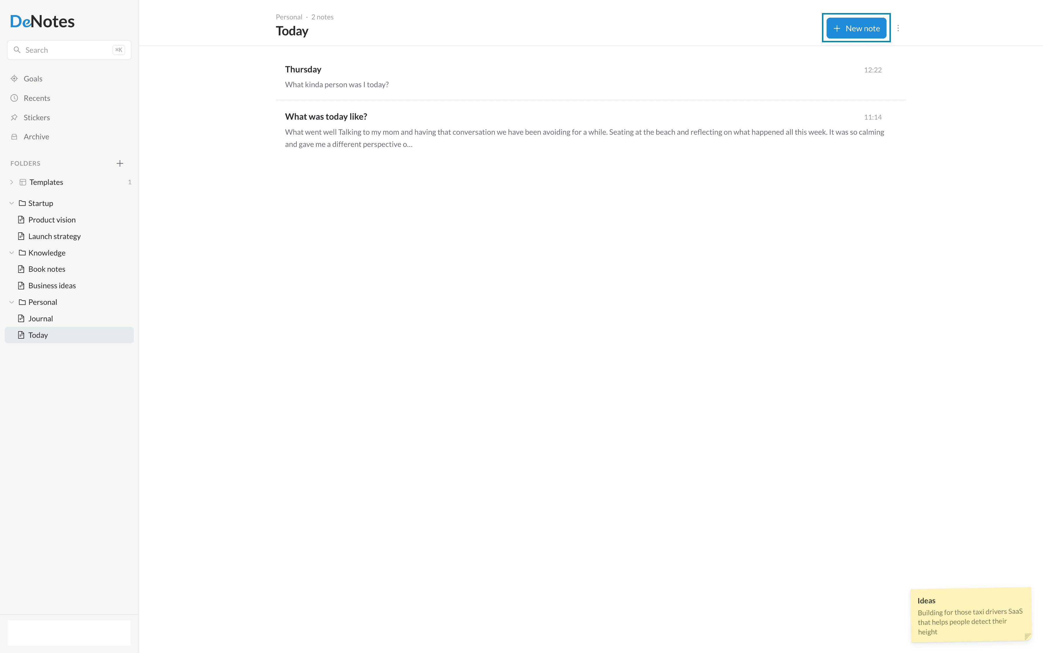 A DeNotes note list titled Today, with a New note button and a note preview.