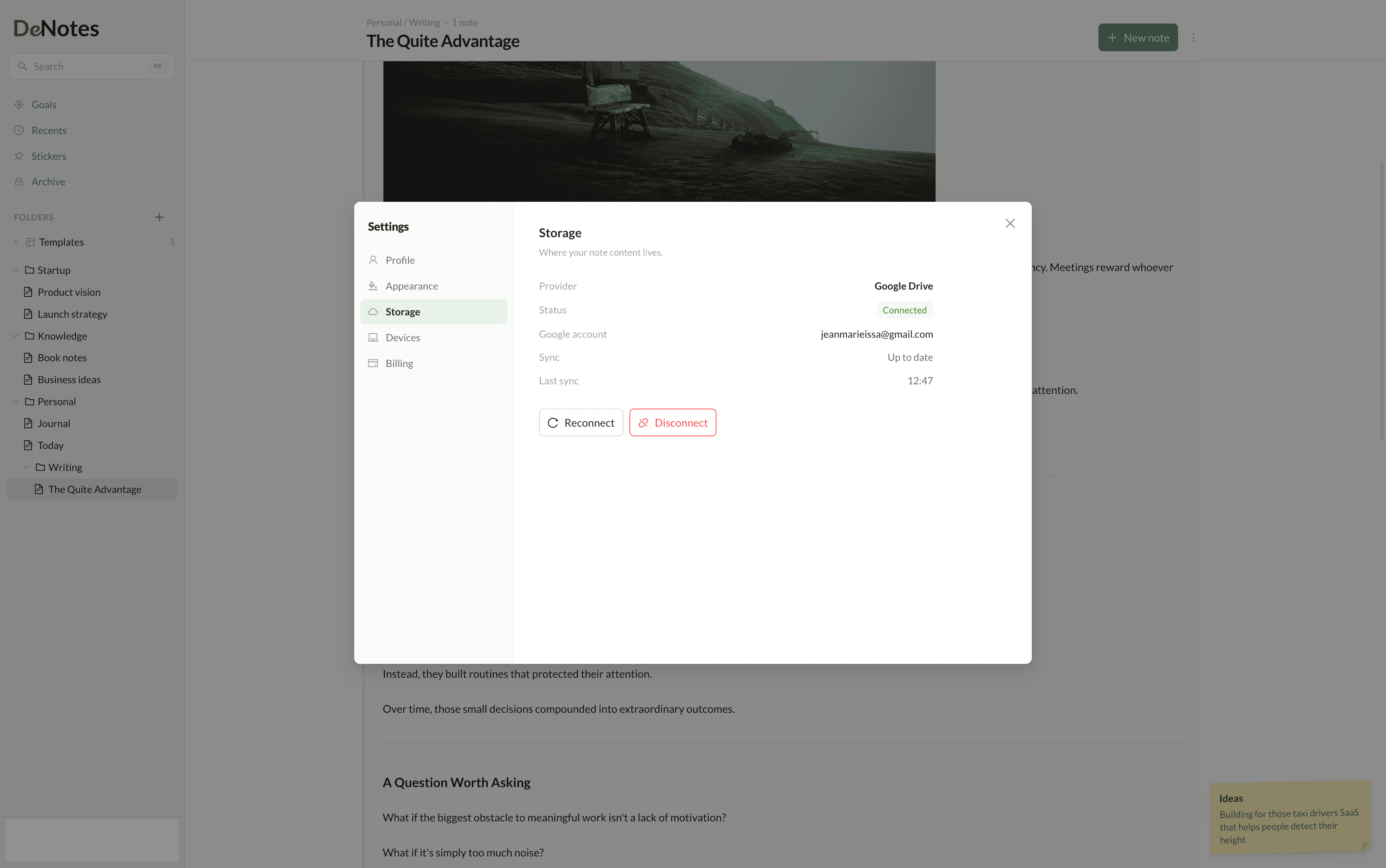 DeNotes storage settings, with notes saved to your own Google Drive.