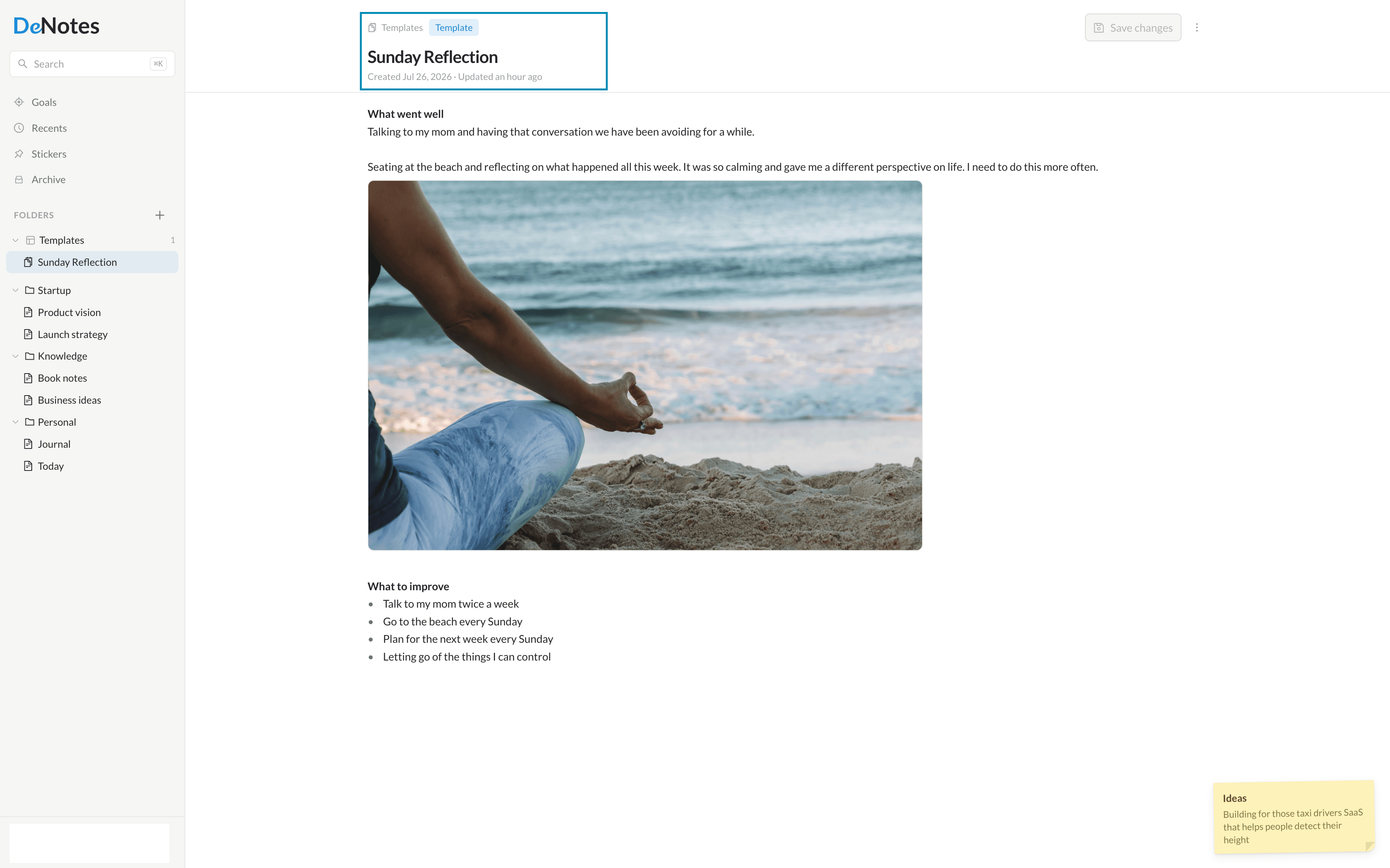 A note saved as a reusable template in the DeNotes Templates folder.