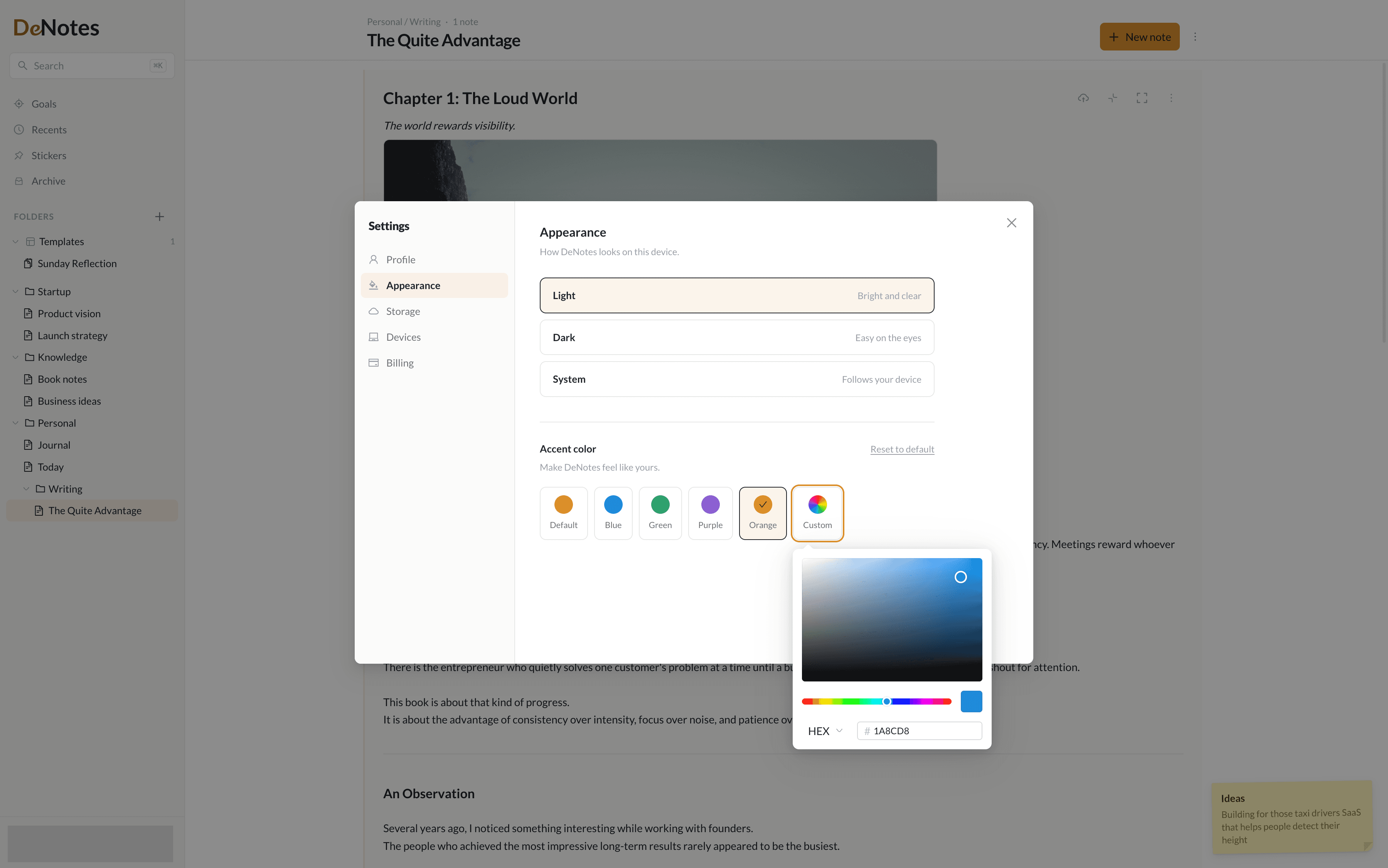 DeNotes appearance settings with light and dark themes and an accent color picker.